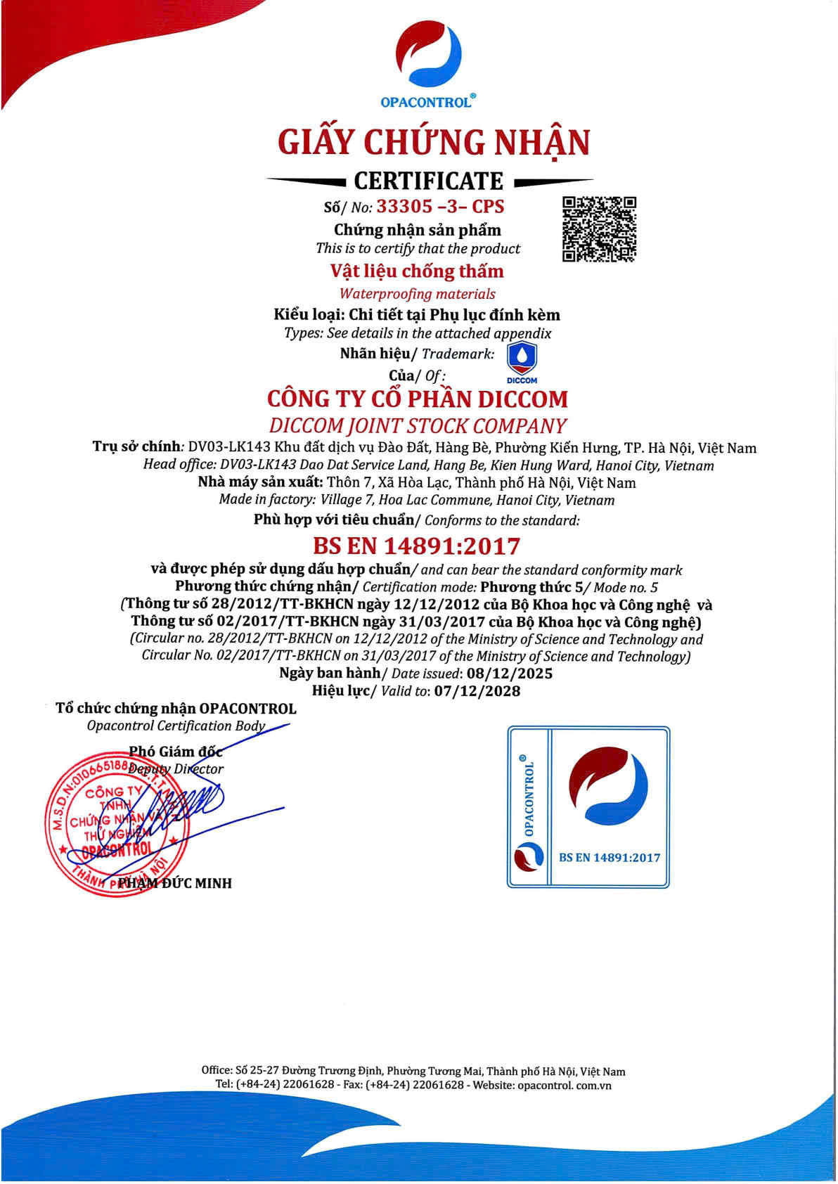 Chứng nhận BS EN 14891:2017